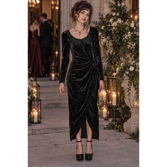 All that Jazz Dresses & Skirts - VTG All That Jazz Crushed Velvet Maxi Dress S Beaded Whimsigoth Wrap Slit Black